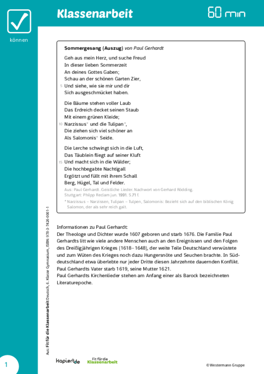 Klassenarbeit Deutsch Gedichte Klasse 6