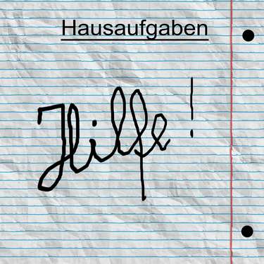 Schulheft mit Aufschrift "Hausaufgaben Hilfe!"